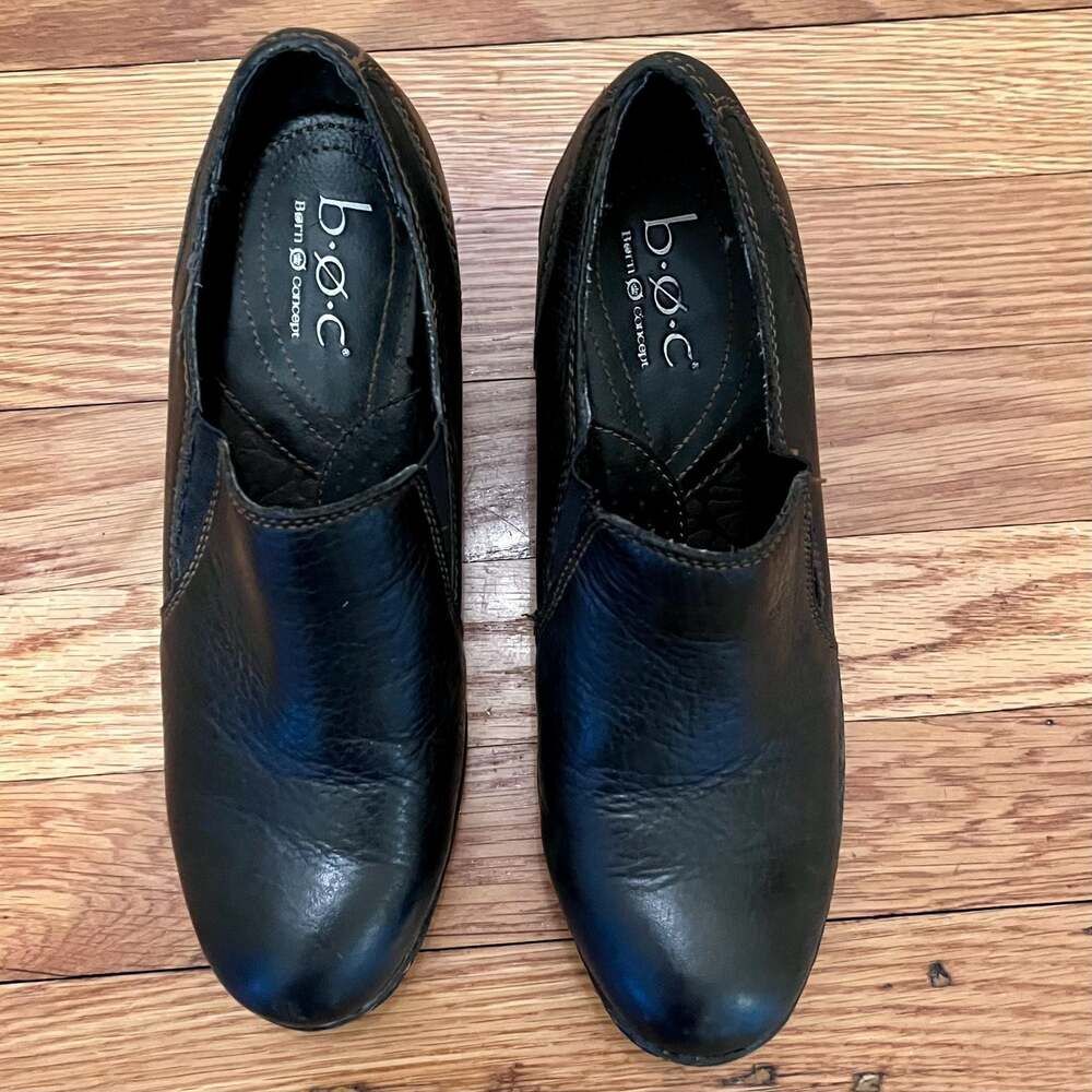 b.o.c. Born Concept Black Leather Slip-On Block Heel Shoes Size 7.5 Comfort
